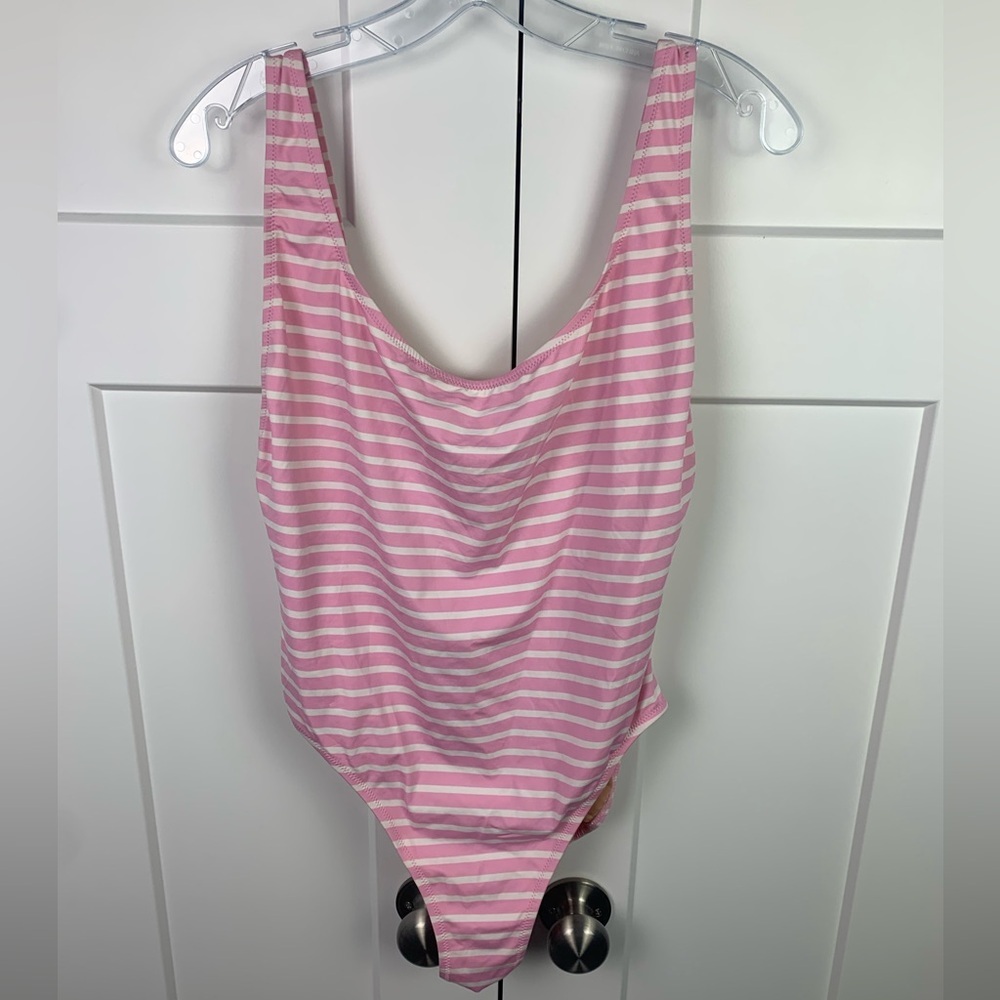 NWT J Crew 14 Plunging Scoopback One-Piece Swimsuit Pink Stripe
